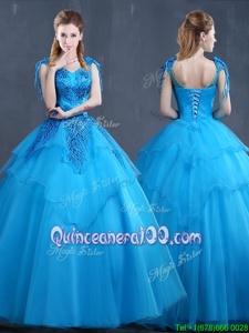 Stylish Baby Blue Ball Gowns Appliques Ball Gown Prom Dress Lace Up Tulle Sleeveless Floor Length