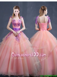Colorful Sleeveless Floor Length Appliques Lace Up Quinceanera Gown with Watermelon Red