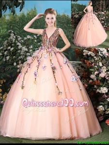 Sweet Appliques Quince Ball Gowns Peach Lace Up Sleeveless With Brush Train