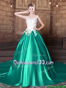 Free and Easy Scoop Sleeveless Court Train Lace and Appliques Lace Up Sweet 16 Quinceanera Dress