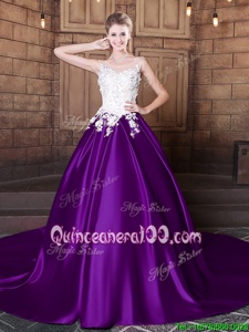 Captivating Scoop Purple Sleeveless Lace and Appliques Lace Up 15 Quinceanera Dress