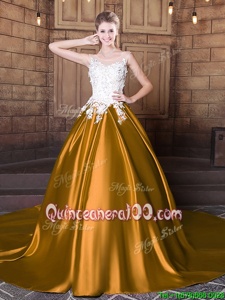 Fashionable Scoop Gold Lace Up Quinceanera Gowns Lace and Appliques Sleeveless Floor Length Court Train