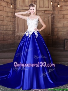 Sophisticated Royal Blue Ball Gowns Elastic Woven Satin Scoop Sleeveless Appliques With Train Lace Up Quinceanera Dress Court Train