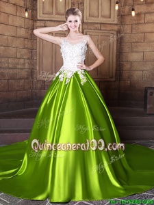 Sophisticated Scoop Lace and Appliques Ball Gown Prom Dress Yellow Green Lace Up Sleeveless With Train Court Train