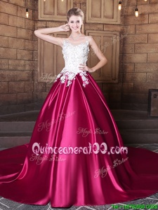 Fitting Hot Pink Ball Gowns Scoop Sleeveless Elastic Woven Satin Court Train Lace Up Lace and Appliques Sweet 16 Dresses