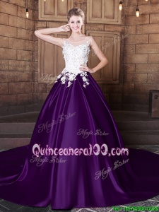 Charming Scoop Sleeveless Quinceanera Dresses With Train Court Train Lace and Appliques White And Purple Elastic Woven Satin
