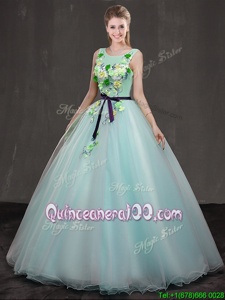 Apple Green Quince Ball Gowns Military Ball and Sweet 16 and Quinceanera and For withAppliques Scoop Sleeveless Lace Up