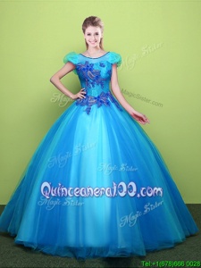 Popular Scoop Baby Blue Ball Gowns Appliques Sweet 16 Quinceanera Dress Lace Up Tulle Short Sleeves Floor Length