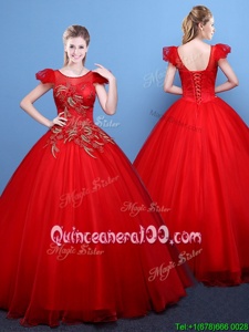 Low Price Ball Gowns 15th Birthday Dress Red Scoop Tulle Short Sleeves Floor Length Lace Up
