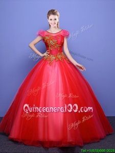 Latest Scoop Coral Red Short Sleeves Appliques Floor Length 15 Quinceanera Dress