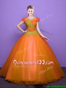 Extravagant Scoop Orange Short Sleeves Floor Length Appliques Lace Up Sweet 16 Dresses