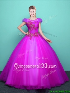 Sweet Scoop Fuchsia Lace Up Quince Ball Gowns Appliques Short Sleeves Floor Length
