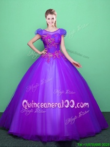 Sumptuous Ball Gowns Sweet 16 Dresses Purple Scoop Tulle Short Sleeves Floor Length Lace Up