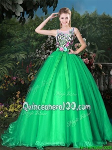 Sophisticated Scoop Green Quince Ball Gowns Organza Brush Train Sleeveless Spring and Summer and Fall and Winter Appliques and Belt