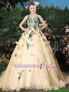 Charming Champagne Scoop Lace Up Appliques Sweet 16 Quinceanera Dress Brush Train Sleeveless