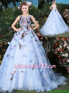 High End Scoop Floor Length Lace Up 15th Birthday Dress Light Blue and In forMilitary Ball and Sweet 16 and Quinceanera withAppliques Brush Train
