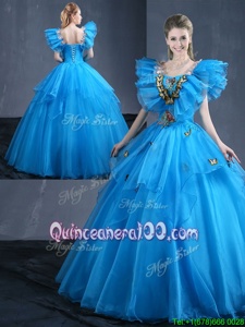 Fantastic Baby Blue Ball Gowns Appliques and Ruffles 15th Birthday Dress Lace Up Organza Sleeveless Floor Length