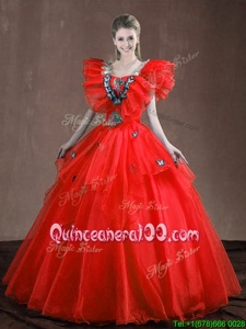 Popular Red Lace Up Sweetheart Appliques and Ruffles Quince Ball Gowns Organza Sleeveless