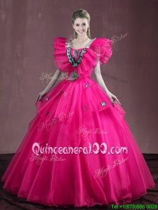 Hot Pink Ball Gowns Appliques and Ruffles 15 Quinceanera Dress Lace Up Organza Sleeveless Floor Length