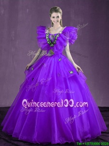 Hot Sale Purple Sleeveless Floor Length Appliques and Ruffles Lace Up Sweet 16 Quinceanera Dress
