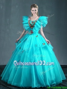 Deluxe Sleeveless Organza Floor Length Lace Up 15th Birthday Dress inAqua Blue forSpring and Summer and Fall and Winter withEmbroidery