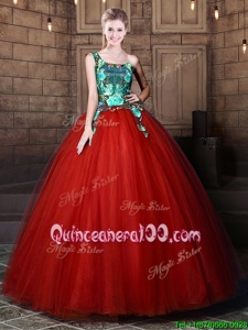 Perfect Rust Red Tulle Lace Up One Shoulder Sleeveless Floor Length Quinceanera Dresses Pattern