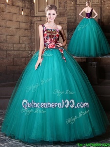Stunning Teal Ball Gowns One Shoulder Sleeveless Tulle Floor Length Lace Up Pattern Quinceanera Gowns