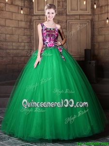 Glorious One Shoulder Green Tulle Lace Up Quince Ball Gowns Sleeveless Floor Length Pattern