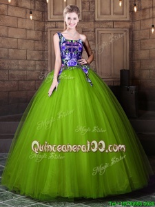Latest One Shoulder Spring and Summer and Fall and Winter Tulle Sleeveless Floor Length Quinceanera Dress andPattern