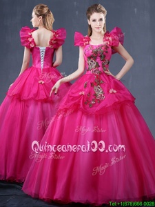 Deluxe Floor Length Fuchsia Quinceanera Gowns Straps Sleeveless Lace Up