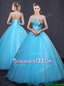 Most Popular Sleeveless Tulle Floor Length Lace Up 15 Quinceanera Dress inBaby Blue forSpring and Summer and Fall and Winter withAppliques