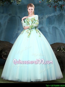 Beautiful Scoop Spring and Summer and Fall and Winter Tulle Long Sleeves Floor Length Quinceanera Gowns andAppliques