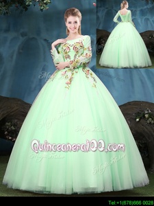 Enchanting Scoop Spring and Summer and Fall and Winter Tulle Long Sleeves Floor Length Quinceanera Gowns andAppliques