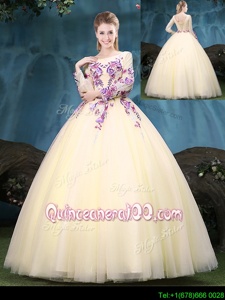 Amazing Scoop Long Sleeves Floor Length Appliques Lace Up Quinceanera Dresses with Light Yellow