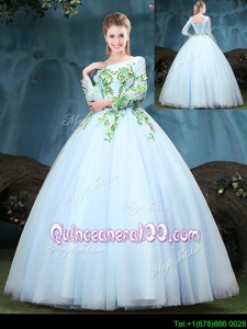 Adorable Tulle Scoop Long Sleeves Lace Up Appliques Quinceanera Dress inLight Blue