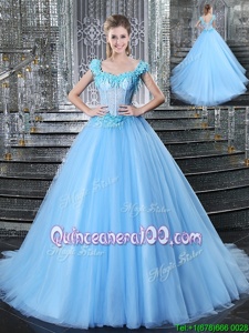 Cute Light Blue Ball Gowns Straps Sleeveless Tulle With Brush Train Lace Up Beading and Appliques Sweet 16 Dress