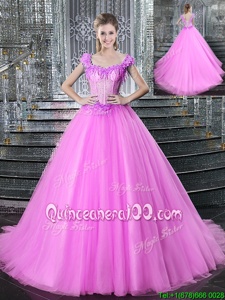 Fuchsia Ball Gowns Tulle Straps Sleeveless Beading and Appliques With Train Lace Up Sweet 16 Dress Brush Train