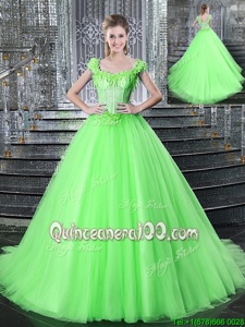 Beauteous Straps Straps With Train Spring Green Quinceanera Dress Tulle Brush Train Sleeveless Spring and Summer and Fall and Winter Beading and Appliques