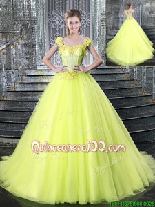Lovely Straps Straps Yellow Sleeveless Brush Train Beading and Appliques With Train Ball Gown Prom Dress