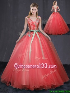 Captivating Floor Length Coral Red Quinceanera Gowns V-neck Sleeveless Lace Up