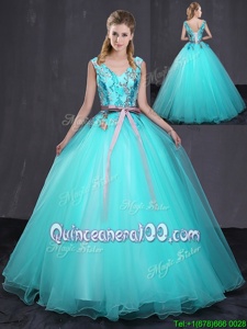 Edgy Aqua Blue Sleeveless Appliques and Belt Floor Length Quinceanera Gown