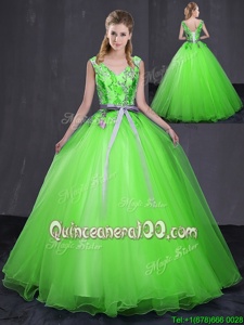 Dramatic Spring Green Tulle Lace Up V-neck Sleeveless Floor Length Sweet 16 Quinceanera Dress Appliques and Belt