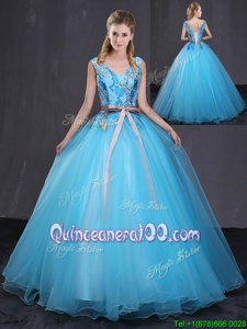 Elegant Tulle V-neck Sleeveless Lace Up Appliques and Belt Quince Ball Gowns inBlue