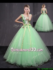 Best Selling Apple Green Sleeveless Floor Length Appliques and Belt Lace Up Quinceanera Gown