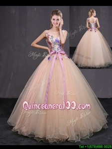 Sexy V-neck Sleeveless Tulle Quinceanera Gown Appliques and Belt Lace Up