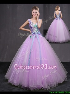 Customized Sleeveless Floor Length Appliques and Belt Lace Up 15th Birthday Dress with Lilac