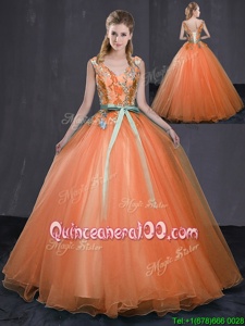 Lovely Orange Sleeveless Tulle Lace Up Quince Ball Gowns forMilitary Ball and Sweet 16 and Quinceanera