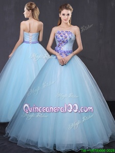 Modern Floor Length Lace Up Sweet 16 Quinceanera Dress Light Blue and In forMilitary Ball and Sweet 16 and Quinceanera withAppliques and Belt