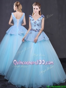 Extravagant Light Blue Quinceanera Dresses Military Ball and Sweet 16 and Quinceanera and For withAppliques V-neck Sleeveless Lace Up