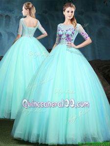 High End Scoop Appliques Sweet 16 Quinceanera Dress Apple Green Lace Up Half Sleeves Floor Length